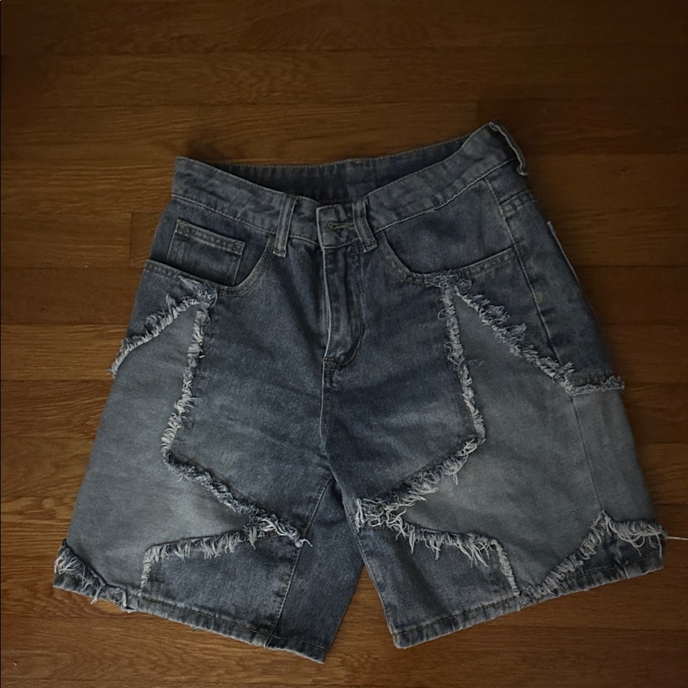 ROMWE Men's Frayed Denim Shorts - Dark Blue